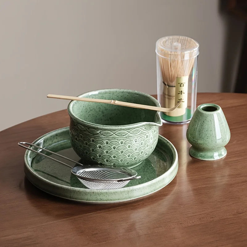 Green Matcha Tea Set with Ceramic Whisk Bowl & Accessories – 2/5/6 Piece Traditional Japanese Style Matcha Making Kit