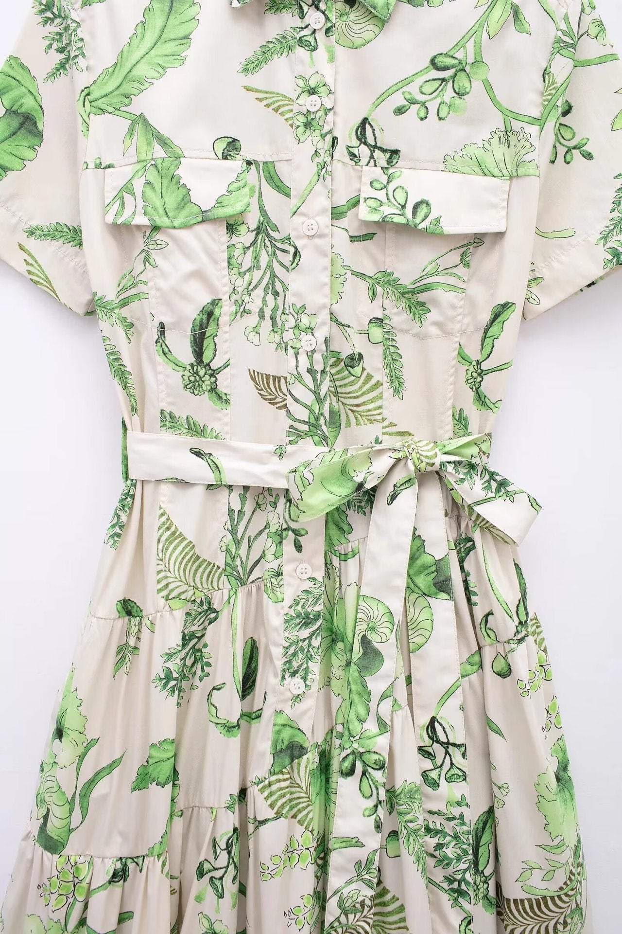 Botanique Belted Shirt Dress – Short Sleeve Button-Down Tiered Maxi with Leaf Print