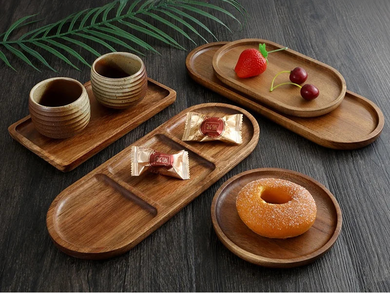 Acacia Wooden Serving Tray – Natural Solid Wood Snack & Food Platter for Coffee, Tea & Appetisers