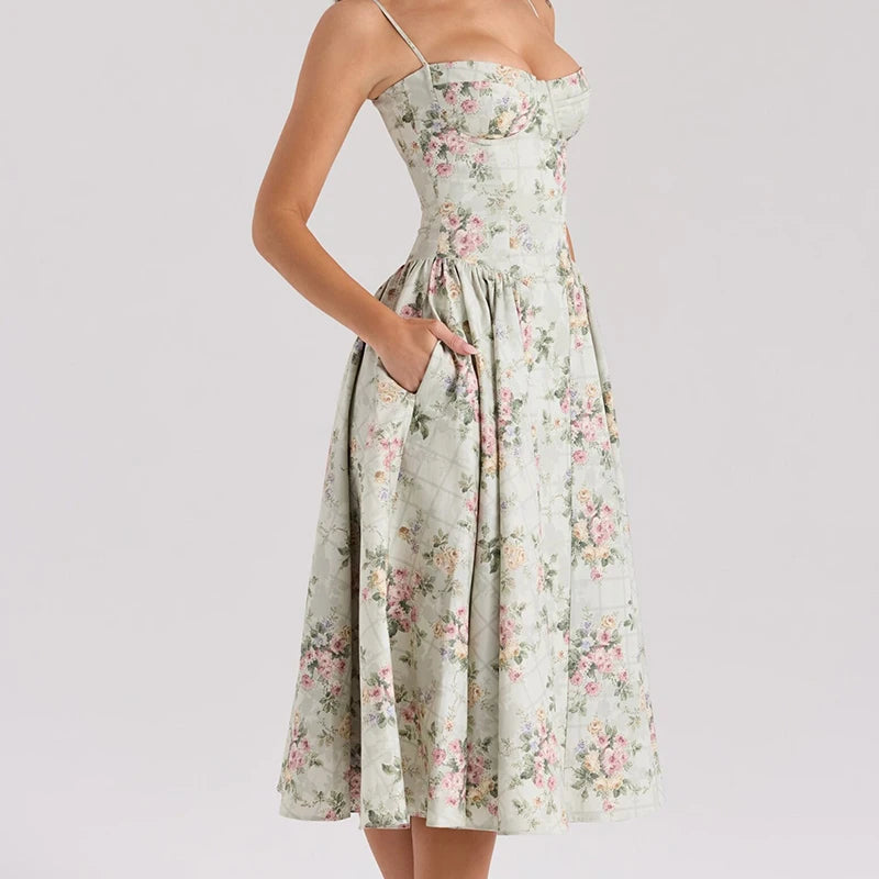 Loretta Sweetheart Neckline Vintage-Inspired Midi Dress – Floral Print, Red, Pink, Navy, White & Black Summer Dresses