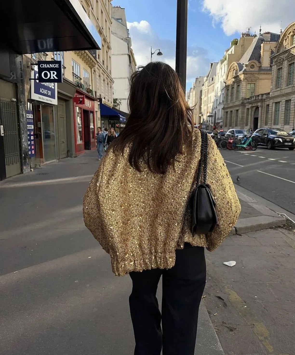 Averelle Sequin Bomber Jacket – Gold, Black & White Glitter Oversized Coat for Women