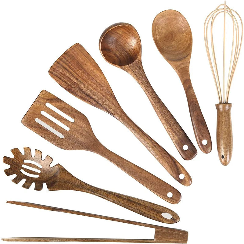 Natural Bamboo Wood Kitchen Utensil Set – 7/10-Piece Wooden Cooking Spoons, Spatulas & Tongs for Non-Stick Cookware