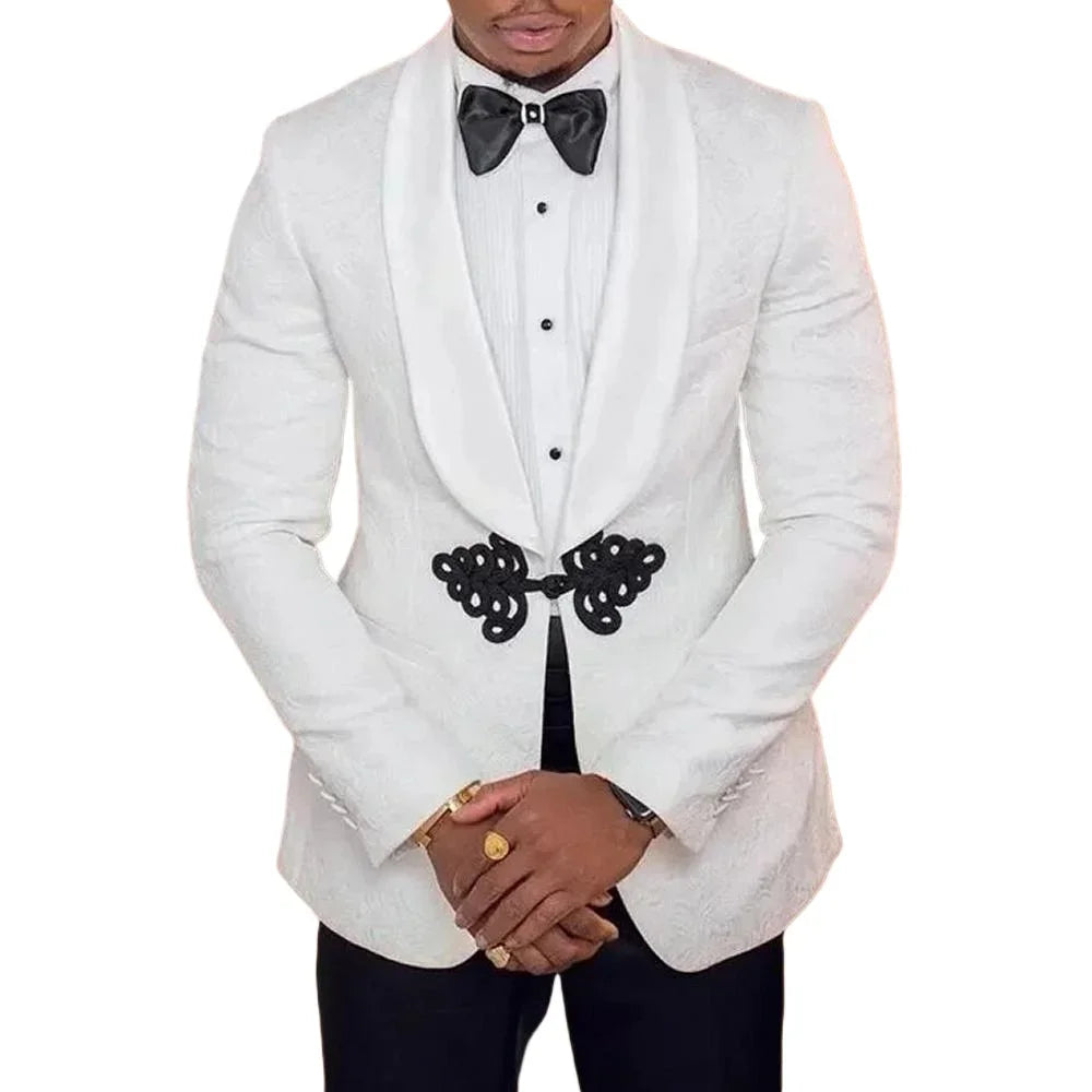 Carrington Men’s White Jacquard Shawl Lapel Blazer – Slim Fit Formal Evening Dinner Jacket Wedding Tuxedo
