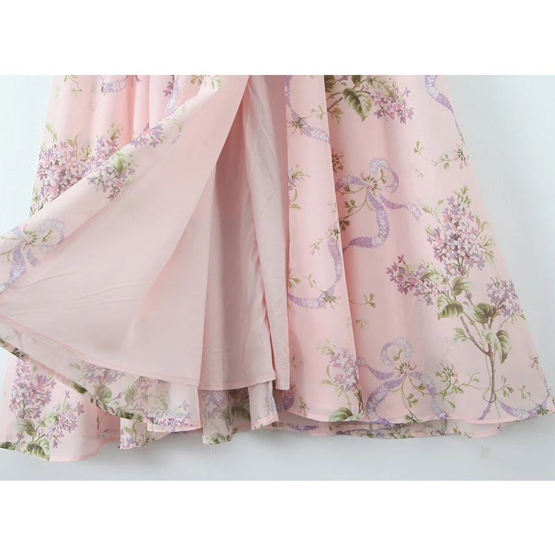 Liliora Halter Corset Midi Dress in Pink Lilac Ribbon Print – Summer Floral Occasion Dress with Side Split and Bow Back