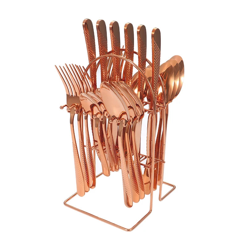 24-Piece Stainless Steel Cutlery Set with Stand – Gold & Silver Knife, Fork, Spoon Flatware Set for Dining