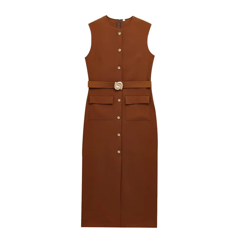 Marisse Belted Button Front Midi Dress – Sleeveless Smart Casual Dress in Black, Brown & Red Wine