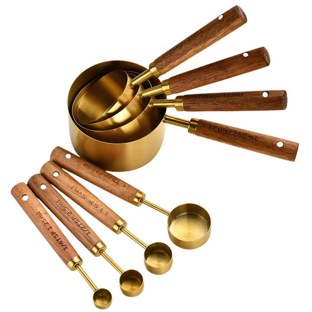 Wooden Handle Measuring Cups and Spoons Set - Stainless Steel Kitchen Baking Tools in 1Pc, 4Pcs or 8Pcs Silver, Black or Gold