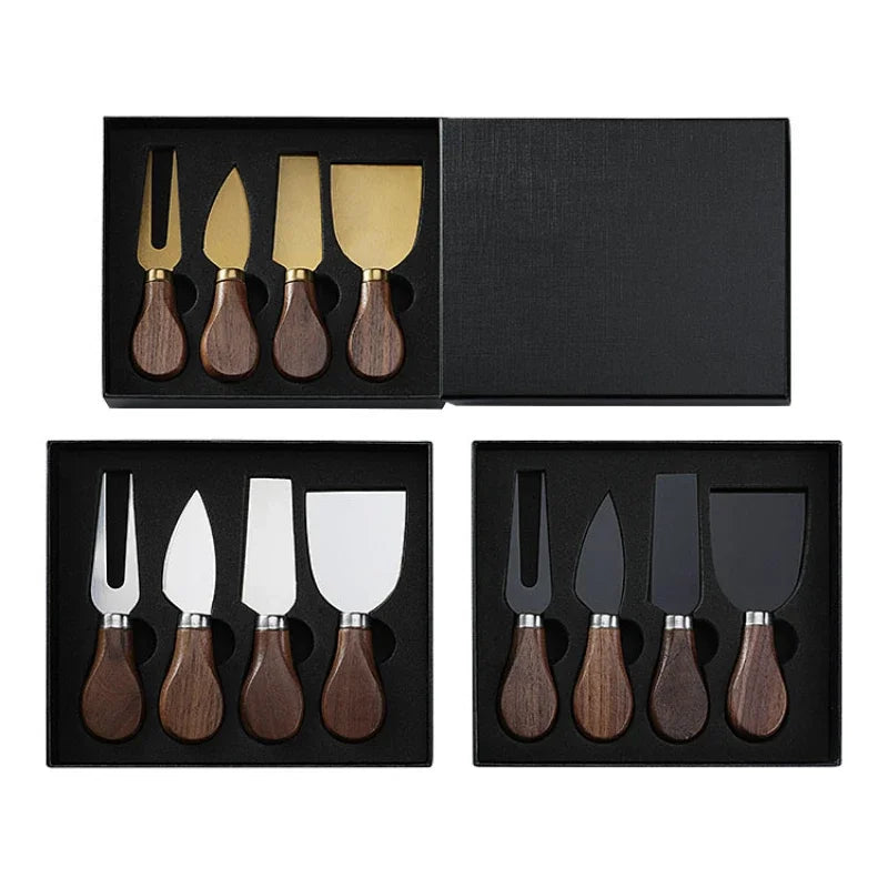 Walnut Handle Cheese Knife Gift Set – 4 or 6 Piece Cheese Tools with Fork & Spreader