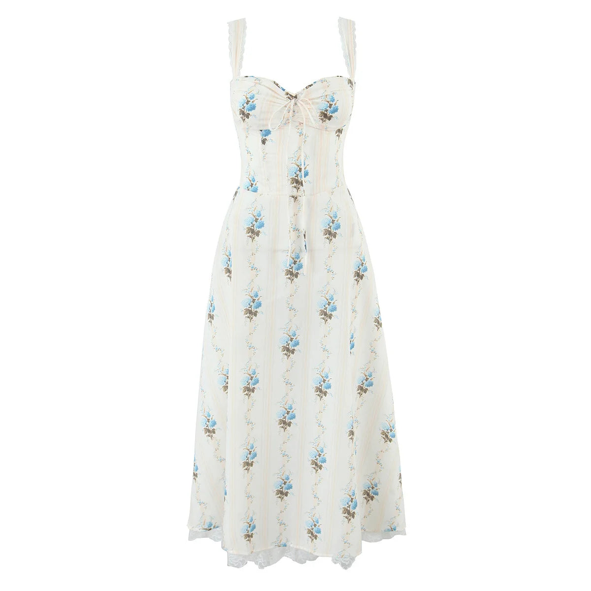 Florielle Floral A-Line Midi Dress with Wide Straps – Corset Style Summer Dress, Holiday Dress & Wedding Guest Outfit