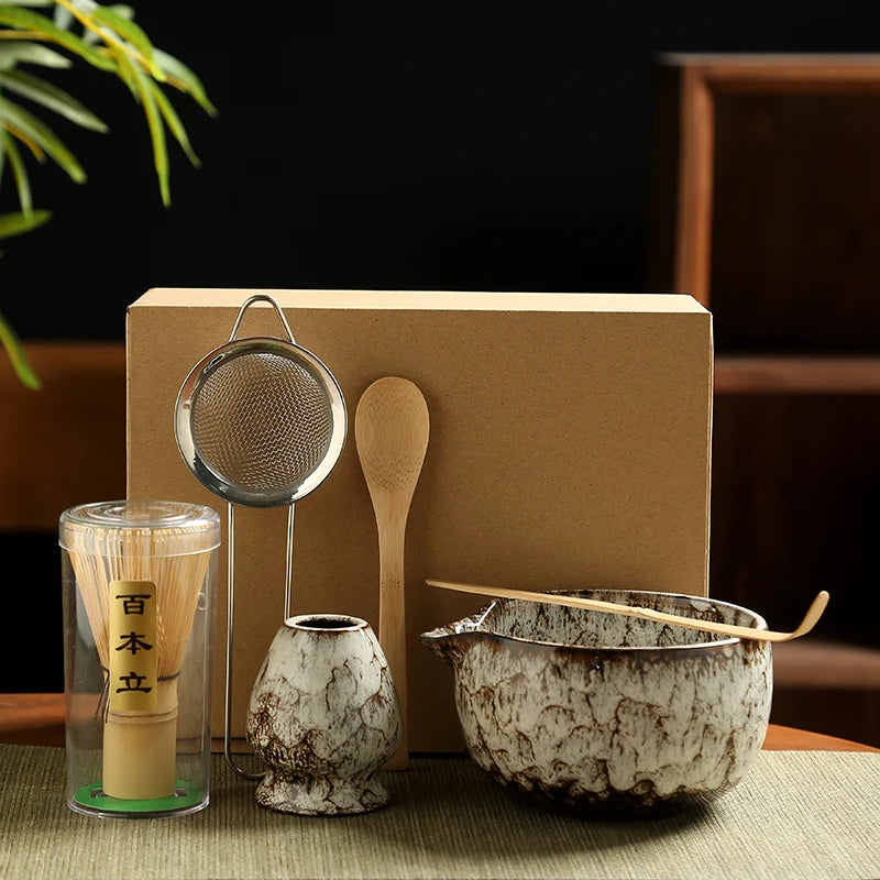 Traditional Matcha Tool Set – 6-Piece Japanese Style Kit with Ceramic Bowl, Bamboo Whisk & Sifter