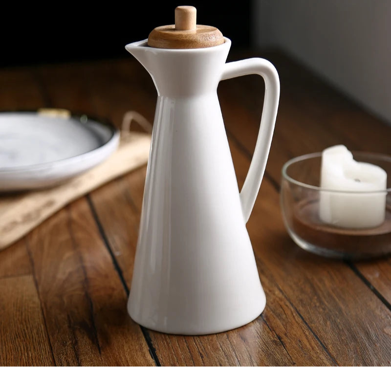 Ceramic Oil and Vinegar Dispenser Bottle with Wooden Lid – Modern Drizzle Jug for Olive Oil & Dressing
