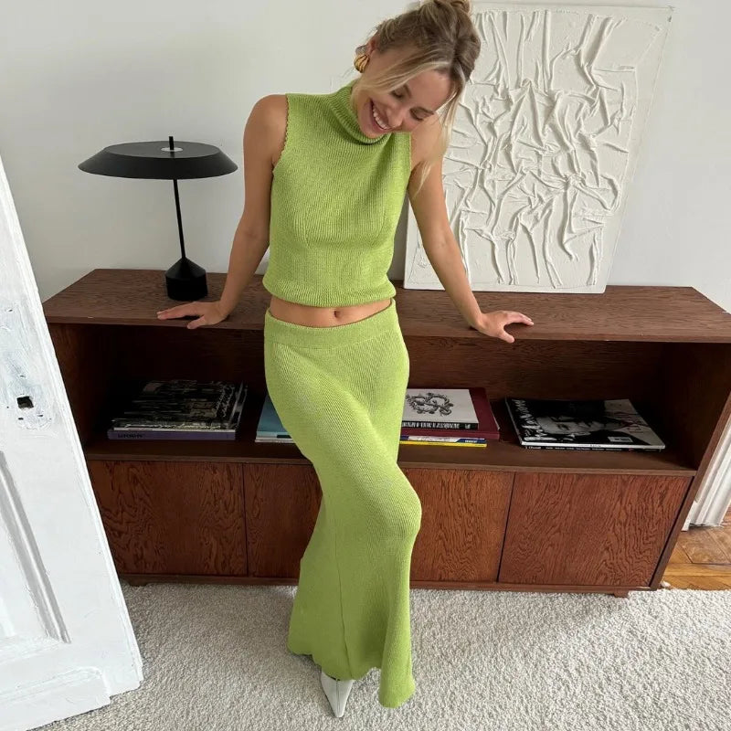 Elvire Sleeveless Knit Co-Ord Maxi Set – Yellow, Green, Red, White, Brown or Black Ribbed High Neck Two-Piece Dress