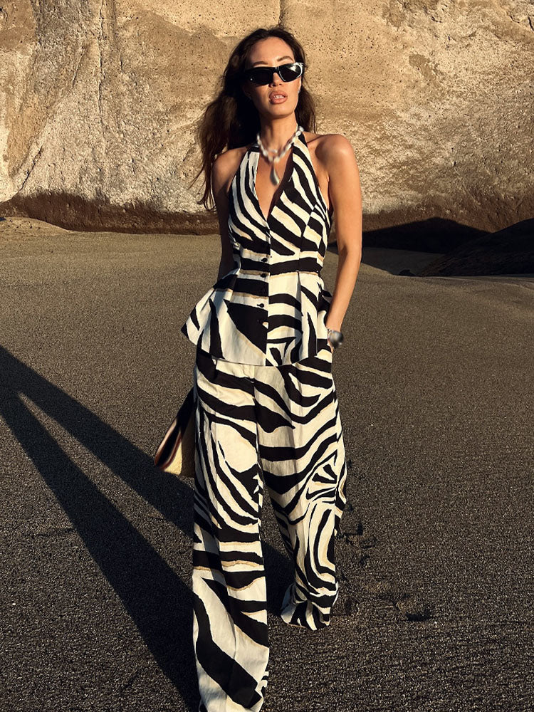 Zaraya Zebra Print Halter Waistcoat & Wide Leg Trousers Co-Ord – Bold Monochrome Two Piece Outfit for Summer and Holiday