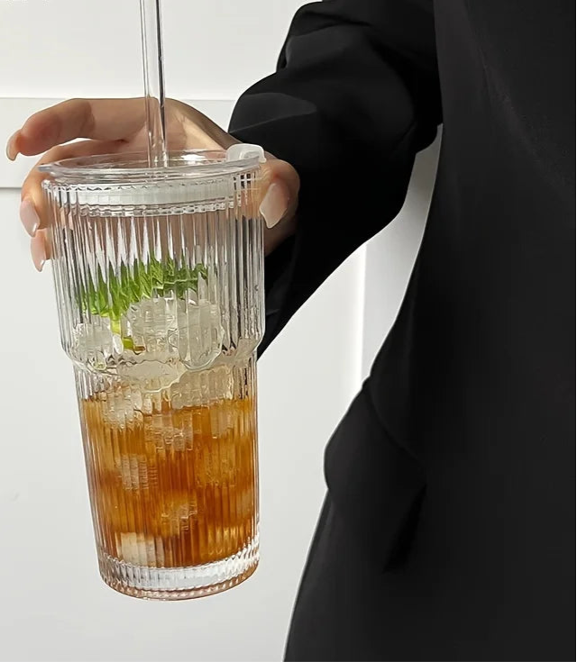 Ribbed Glass Tumbler with Straw & Lid – Large Iced Coffee Cup or for Cold Drinks