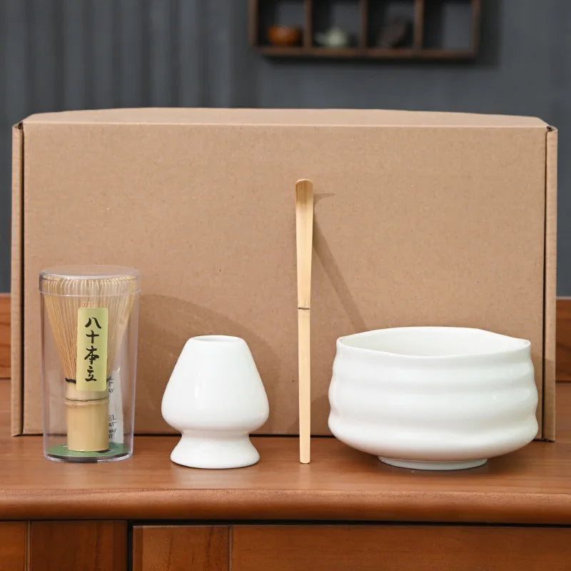 4 Piece Matcha Tea Set with Ceramic Bowl & Accessories – Japanese Matcha Making Kit in Various Colours