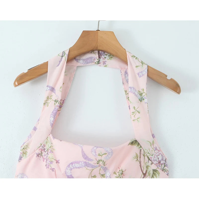 Liliora Halter Corset Midi Dress in Pink Lilac Ribbon Print – Summer Floral Occasion Dress with Side Split and Bow Back