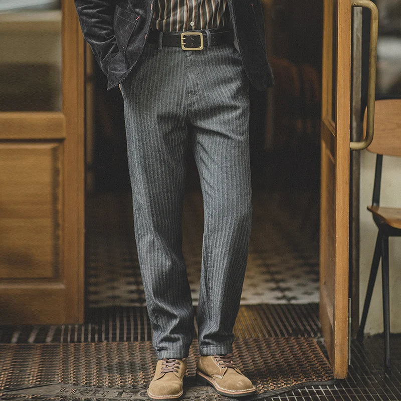 Grey Striped Herringbone Straight Leg Trousers – Smart Casual Zip Fly Men’s Jeans with Pockets