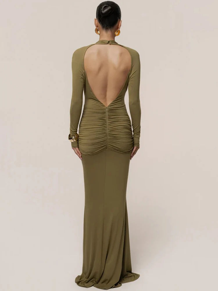 Virelia Plunge Neck Maxi Dress – Ruched Open Back Occasion Dress
