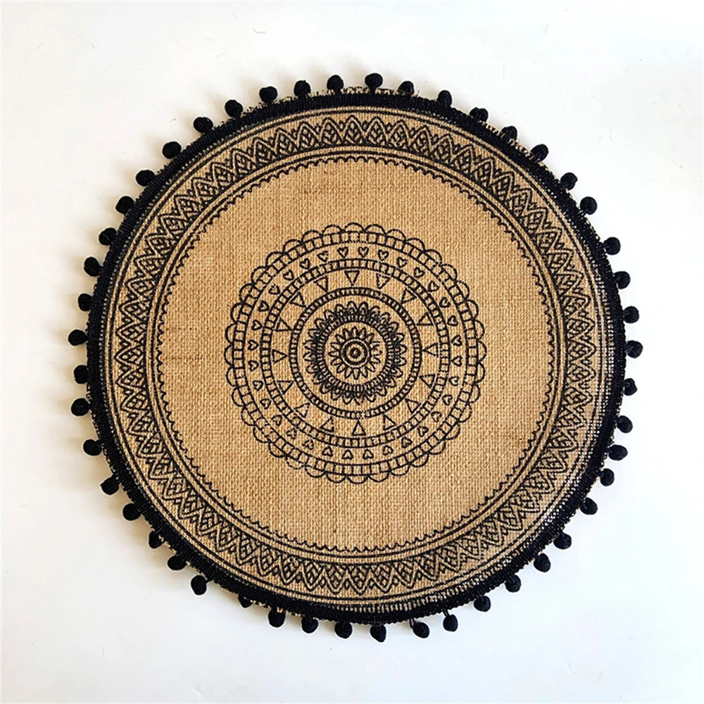 Boho Jute Round Placemats with Tassels – 38cm Natural Woven Table Mats for Rustic Dining & Home Decor