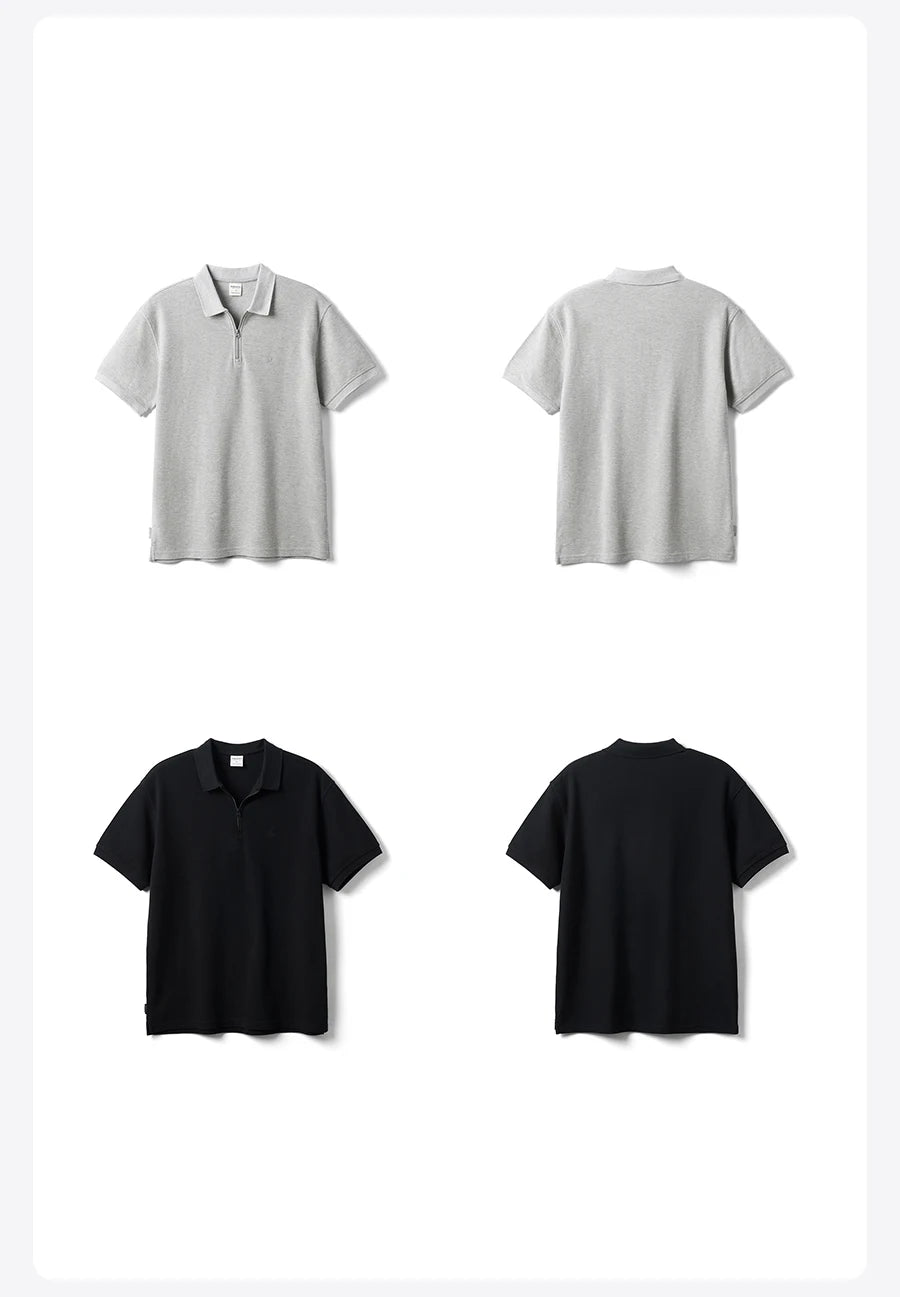 Zip Collar Polo Shirt for Men – Classic Short Sleeve Top in Black or Grey | 260gsm Casual Summer Shirt