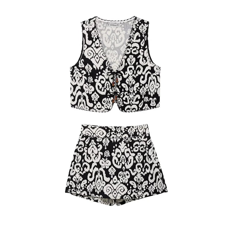 Sorellina Printed Co-Ord Set – Sleeveless Tie Waist Waistcoat and High Waist Skort Two-Piece