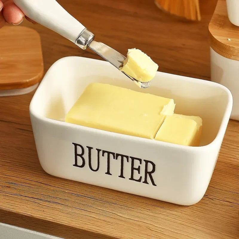 Ceramic Butter Dish with Wooden Lid & Knife – White Kitchen Storage Container