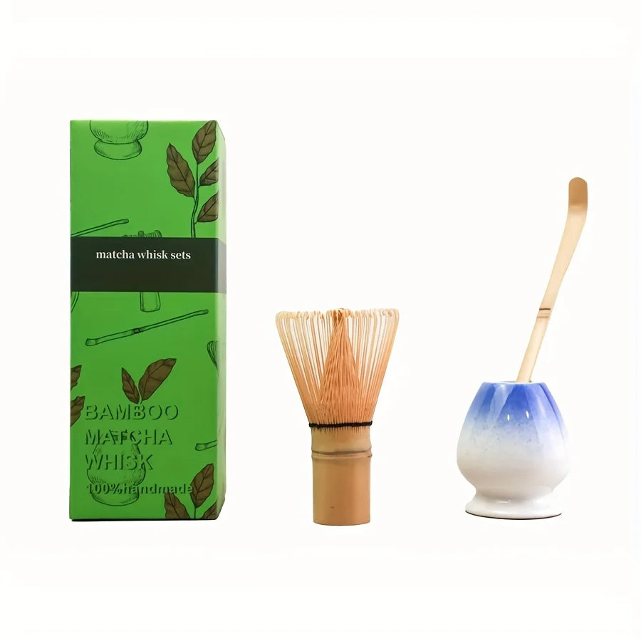 Bamboo Matcha Whisk & Scoop Set – 3-Piece Japanese Tea-Making Kit with Ceramic Holder