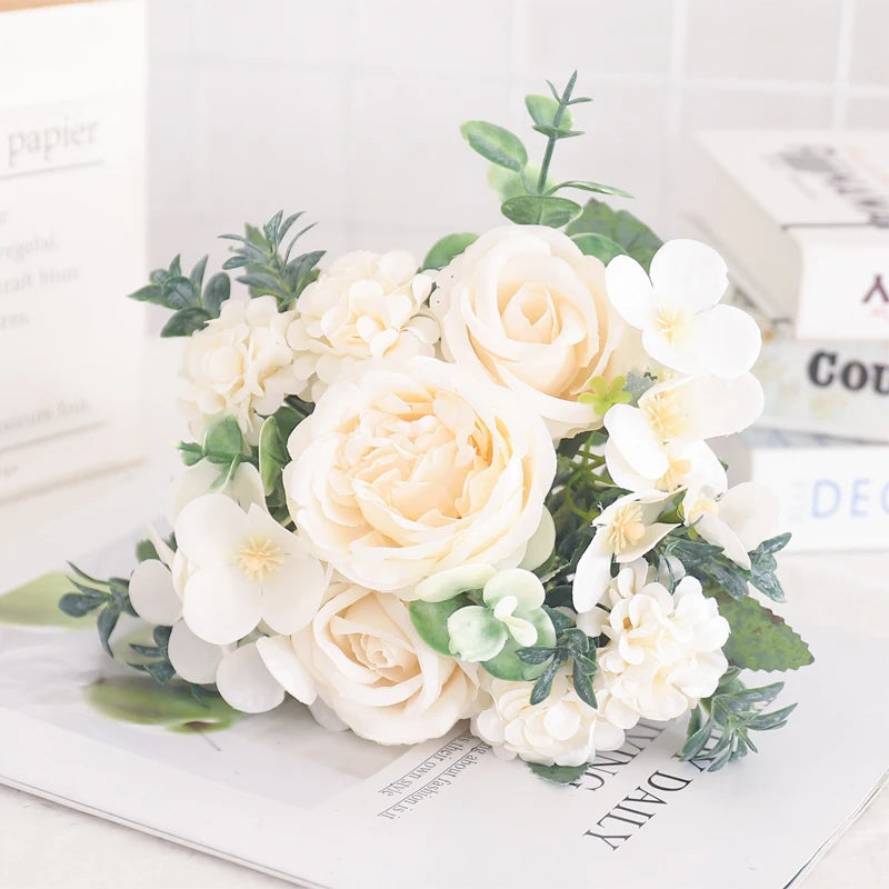 Blush Rose & Hydrangea Flower Bouquet – Pink Faux Floral Centrepiece for Home Decor
