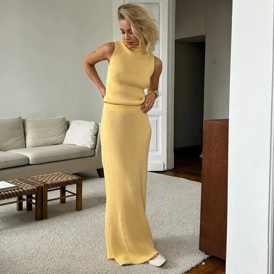 Elvire Sleeveless Knit Co-Ord Maxi Set – Yellow, Green, Red, White, Brown or Black Ribbed High Neck Two-Piece Dress