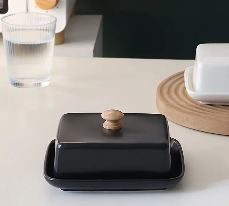 Black & White Ceramic Butter Dish with Wooden Handle – Rectangular Covered Butter Keeper for Kitchen & Dining