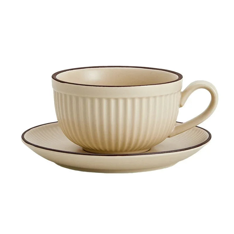 Ribbed Ceramic Tea and Coffee Cup and Saucer Set – Textured Cup with Handle, Modern Kitchen Drinkware