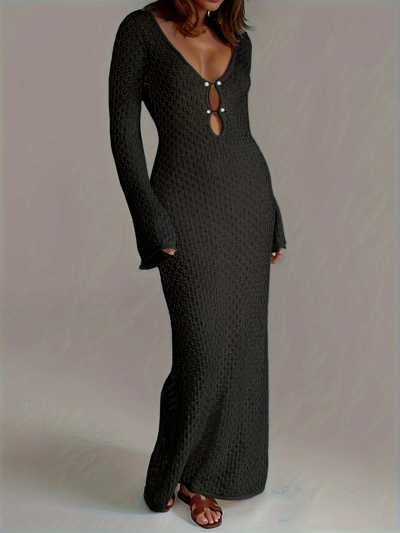 Serenah Crochet Knit Beach Dress – Long Sleeve V-Neck Holiday Cover Up Maxi Dress for Women
