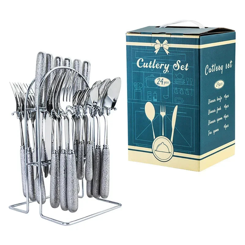 24-Piece Gold & Silver Stainless Steel Cutlery Set with Holder – Elegant Dining Tableware for 6