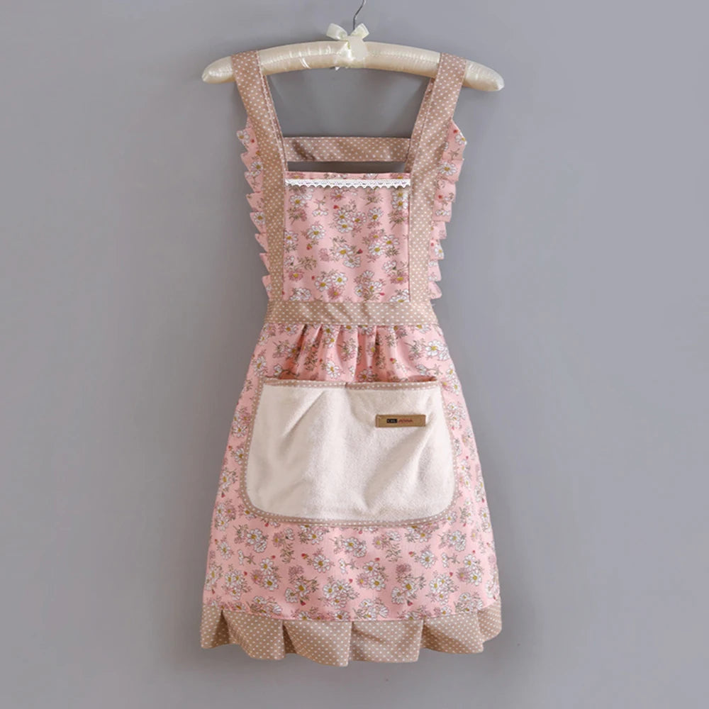 Floral Ruffle Kitchen Apron with Pocket – 1 Piece Adjustable Cooking & Baking Aprons for Women in Pink, Green Or Blue