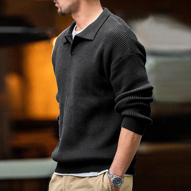 Knitted Polo Sweatshirt – Relaxed Fit Ribbed Collar Jumper