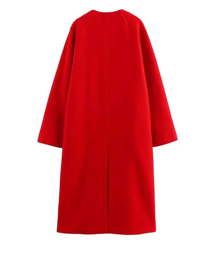 Velmira Oversized Red Maxi Coat – Single Button Statement Outerwear with Pockets