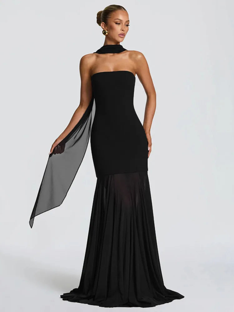 Laretta Strapless Maxi Dress with Scarf Detail – Elegant Evening Gown for Partywear, Formal Events & Wedding Guests