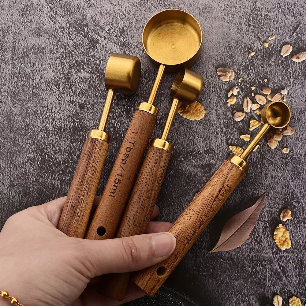 Wooden Handle Measuring Cups and Spoons Set - Stainless Steel Kitchen Baking Tools in 1Pc, 4Pcs or 8Pcs Silver, Black or Gold