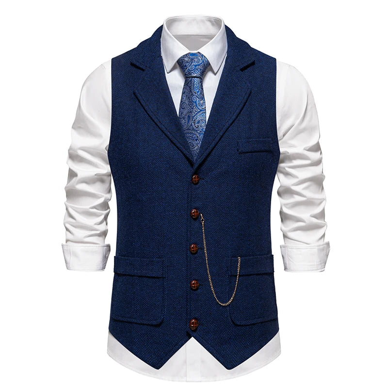 Men’s Tweed Waistcoat with Lapel and Chain – Herringbone Formal Vest in Grey, Brown, Blue