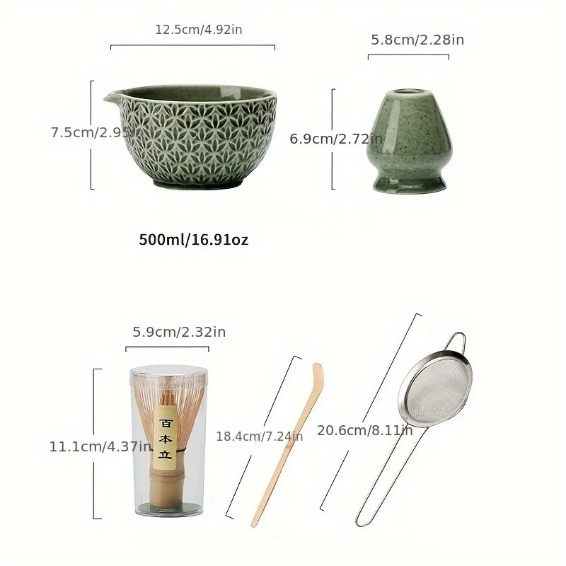 Green Matcha Tea Set with Ceramic Whisk Bowl & Accessories – 2/5/6 Piece Traditional Japanese Style Matcha Making Kit