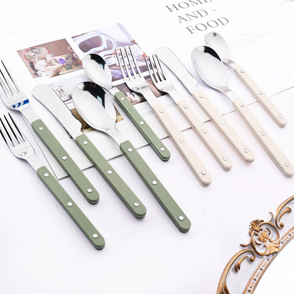 Green/ White Handle Stainless Steel Cutlery Set – 16-Piece Flatware with Forks, Knives & Spoons for Everyday Dining