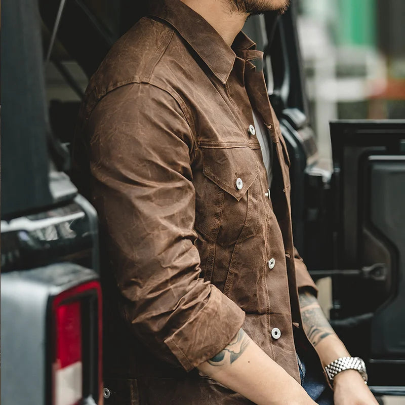 Men’s Brown Button-Up Utility Jacket – Casual Street Style Jacket