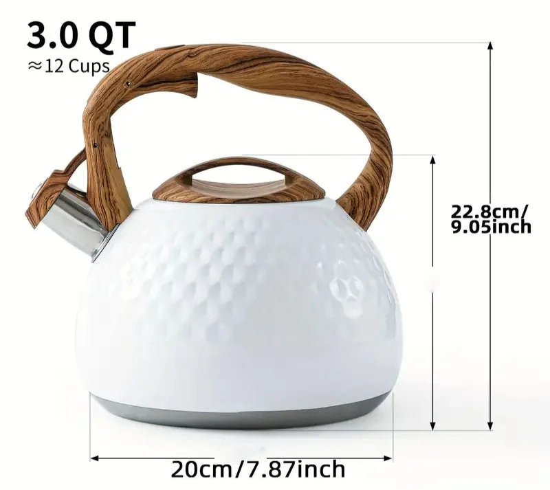 Stainless Steel Whistling Kettle – 3L Teapot with Wood-Effect Handle for Gas, Electric & Induction Hob, Available In Black, Pink, White, Beige