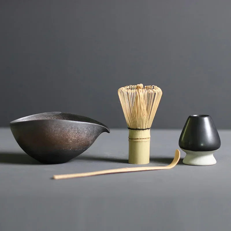 Matcha Tea Set with Bamboo Whisk, Bowl, Scoop & Holder – Traditional Japanese Ceremony Kit in Black, Brown, Dark Grey & Stone