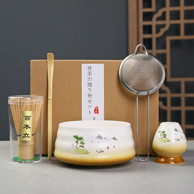 Japanese Matcha Tea Ceremony Set – 2/4/5 - Piece Matcha Tea Whisk, Bowl, Sifter & Bamboo Spoon Gift Box