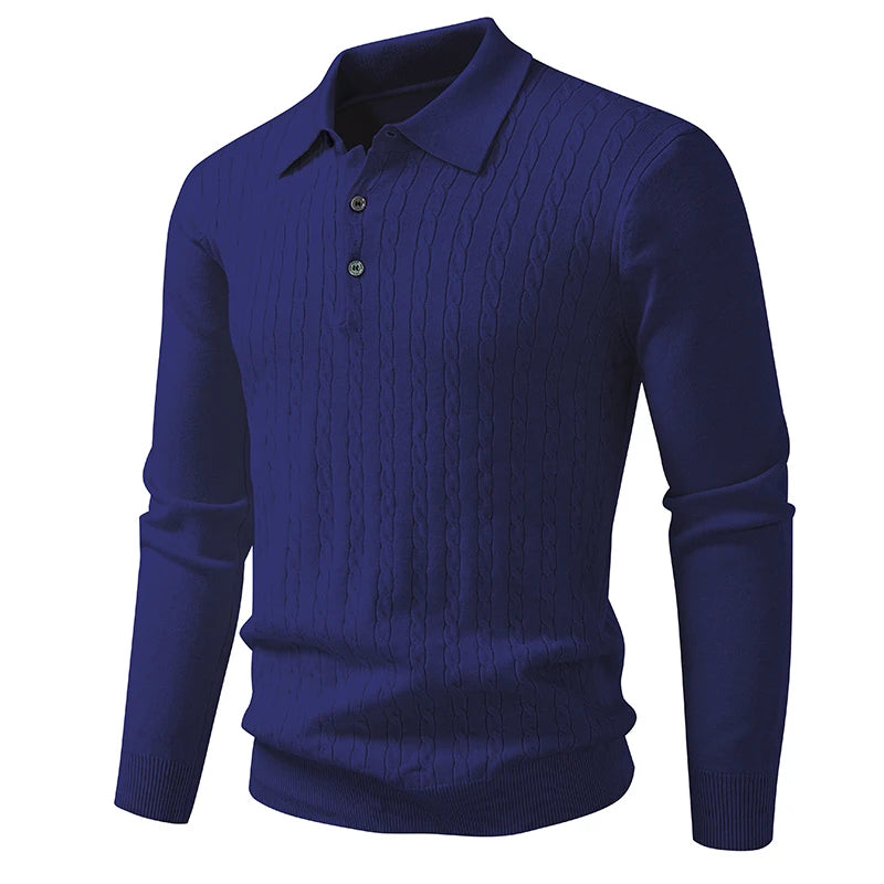 Mens Textured Knit Polo Jumper – Cable Knit Long Sleeve Pullover with Button Neck