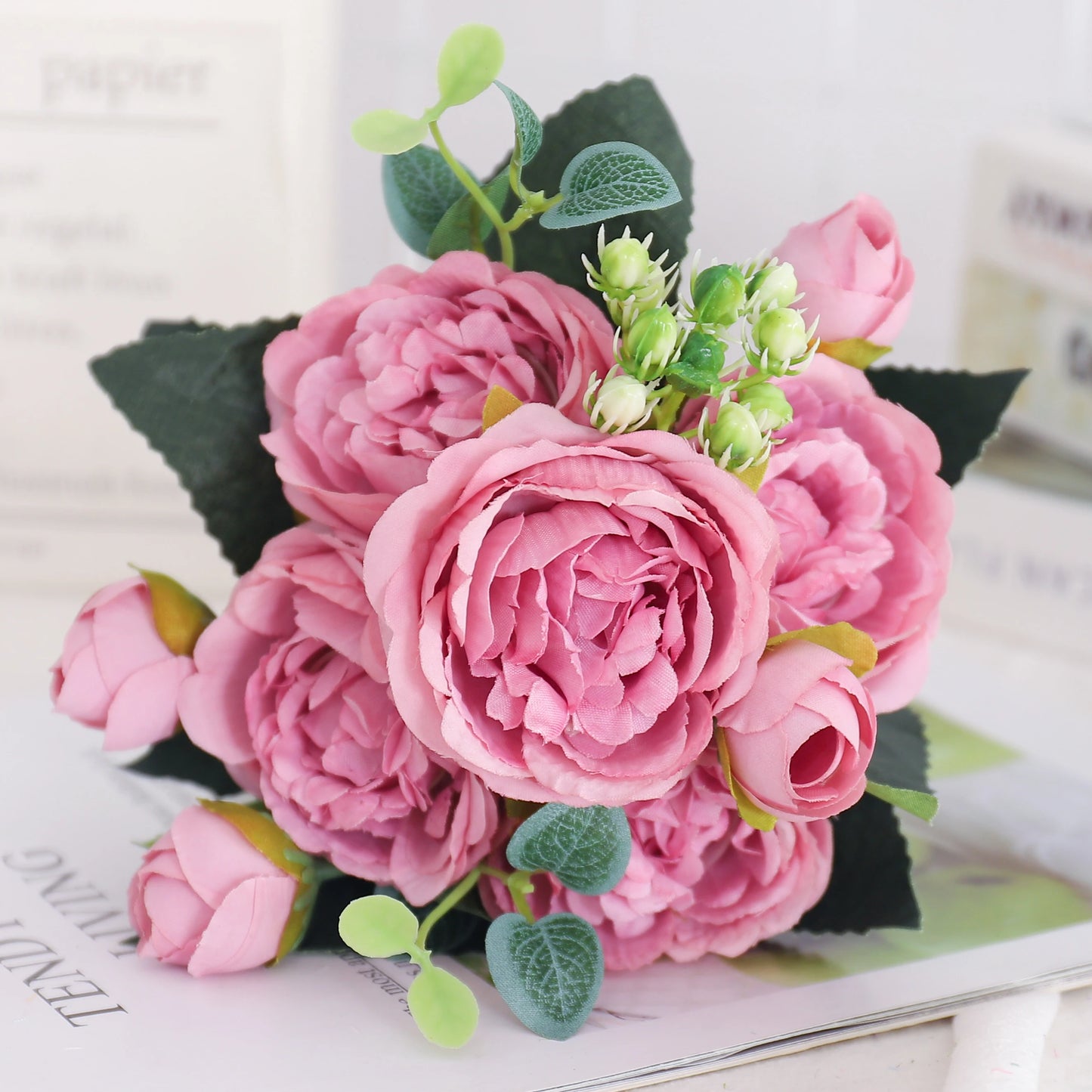 Blush Rose & Hydrangea Flower Bouquet – Pink Faux Floral Centrepiece for Home Decor