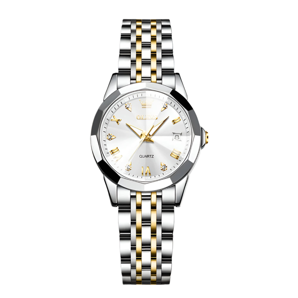Luxury Diamond Accent Watch - Two Tone Stainless Steel With Day And Date Display