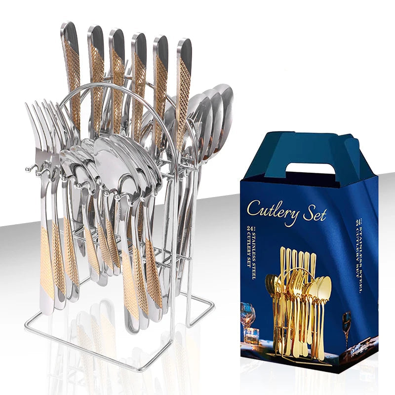 24-Piece Stainless Steel Cutlery Set with Stand – Gold & Silver Knife, Fork, Spoon Flatware Set for Dining