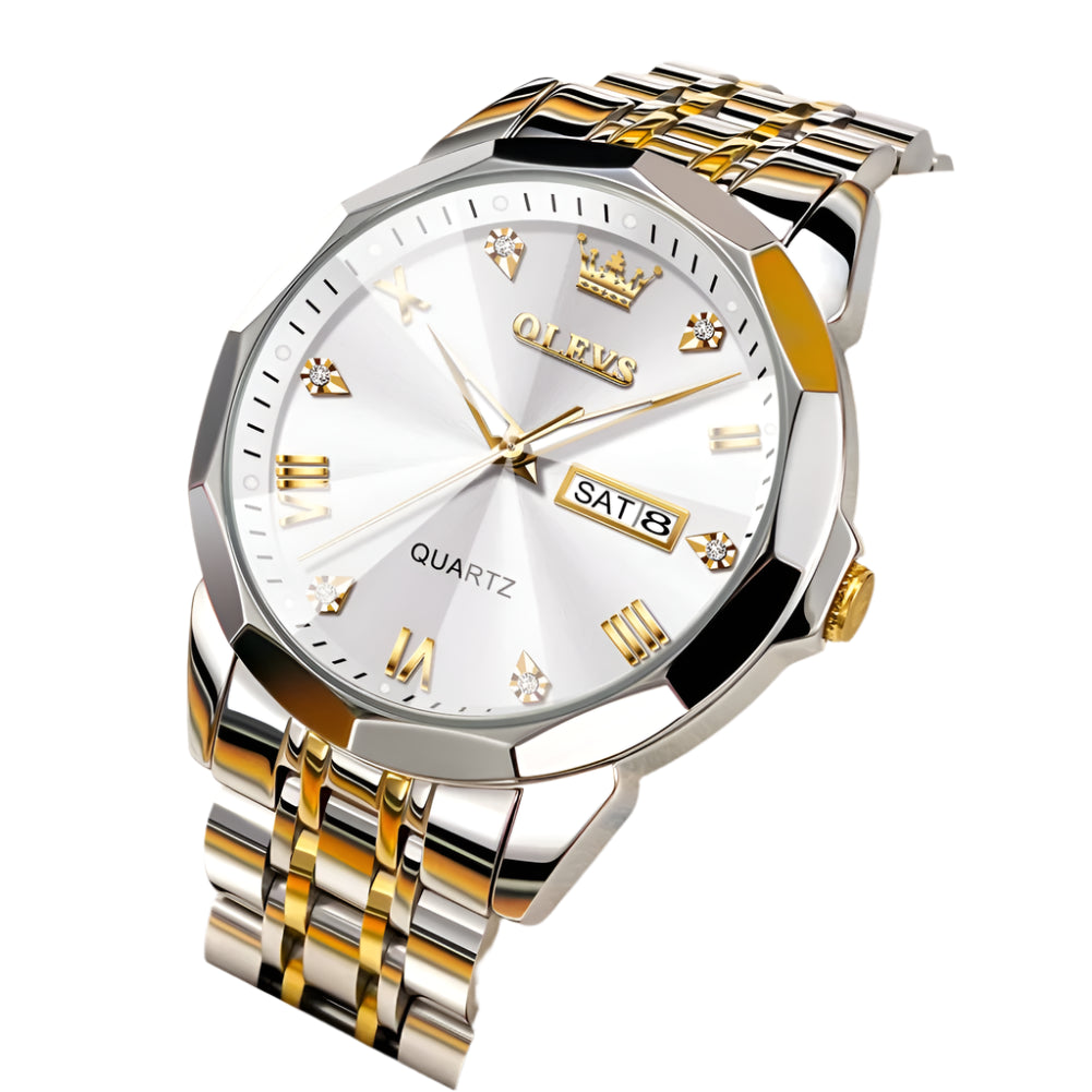 Luxury Diamond Accent Watch - Two Tone Stainless Steel With Day And Date Display